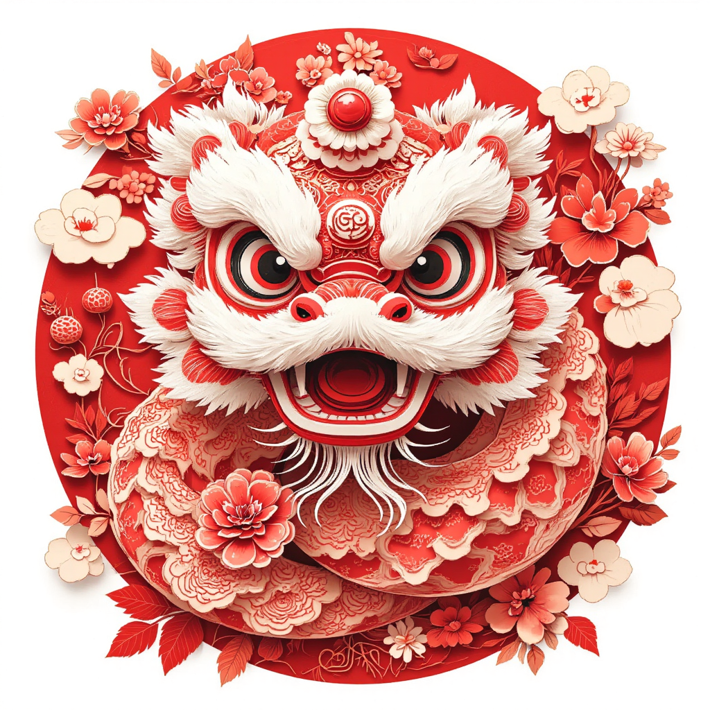紅色剪紙，帶著醒獅帽子的可愛小蛇，傳統(tǒng)紋樣，新年主題，矢量風(fēng)，白色背景